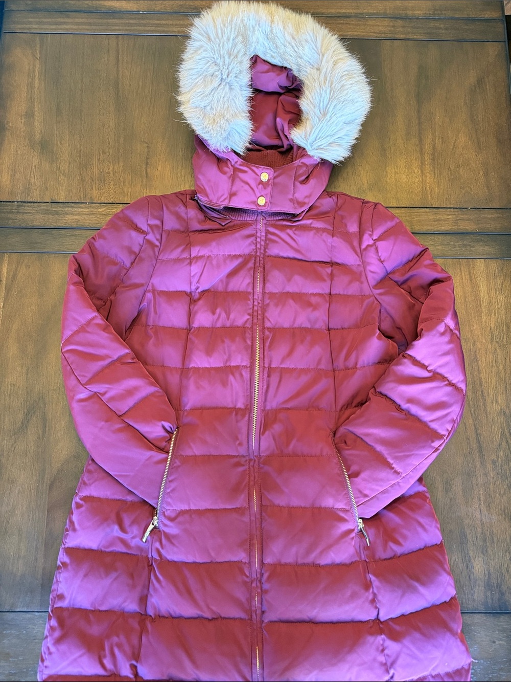 Kate Spade Burgundy Quilted Puffer Coat with Faux Fur Hood